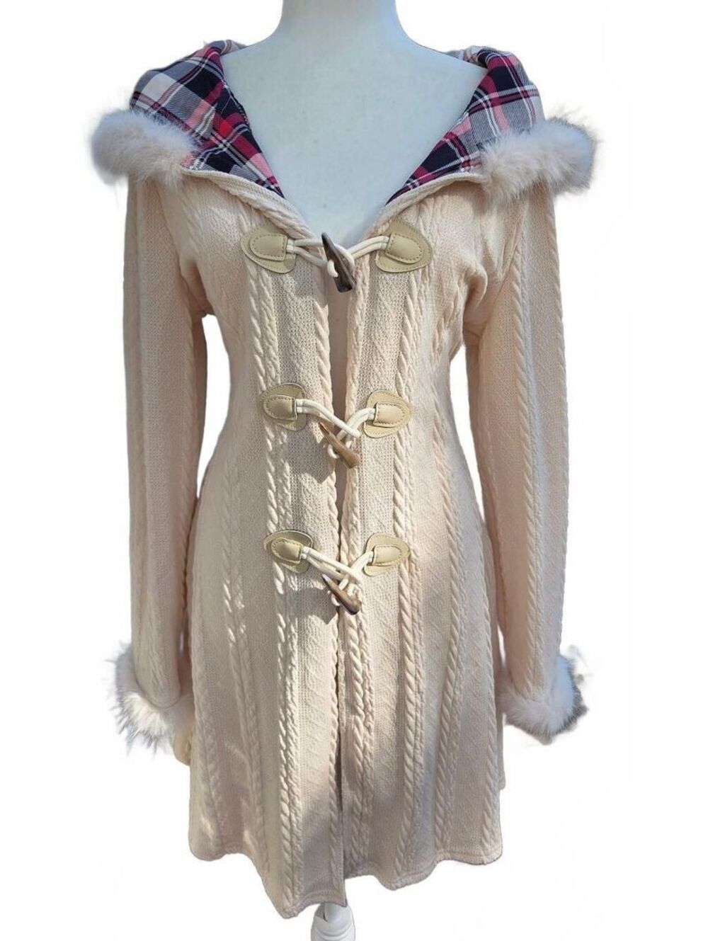 Coquette Fairycore Cream Cable Knit Duffle Cardigan Faux Fur Trim Plaid Hood